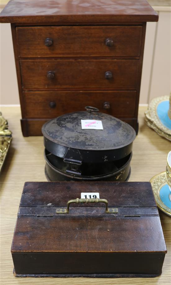 Spice tin, miniature chest and a pen box
